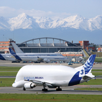 The Beluga plane, by Airbus, taking off from Blagnac airport
